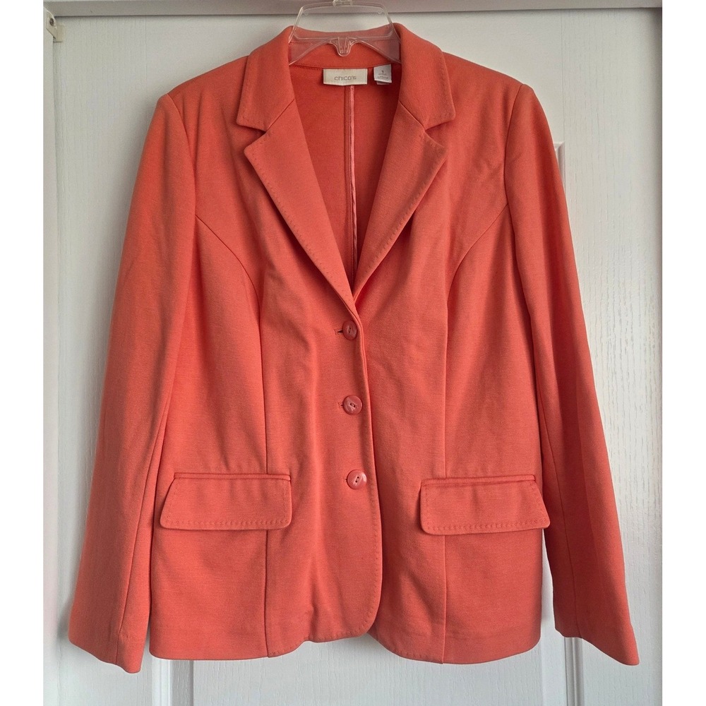 Chicos Coral Orange Three Button Knit Stretch Blazer Jacket Sz 1/M Office Travel